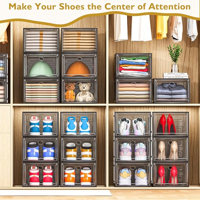 12 Pack Shoe Organizer, Stackable Shoe Storage Boxes with Magnetic Door | Clear Plastic Shoe Boxes for Sneakers, Boots & Heels, Foldable Space-Saving Shoe Rack for Closet, Durable Shoe Cabinet, Black