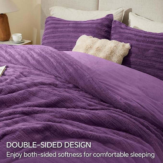 BEDELITE Faux Fur King Size Comforter Set, Fluffy Bed Set, Purple | Super Soft & Warm, Luxury Fuzzy Cozy Comforter for Winter, Heavy Plush Bed set, with 2 Pillowcases