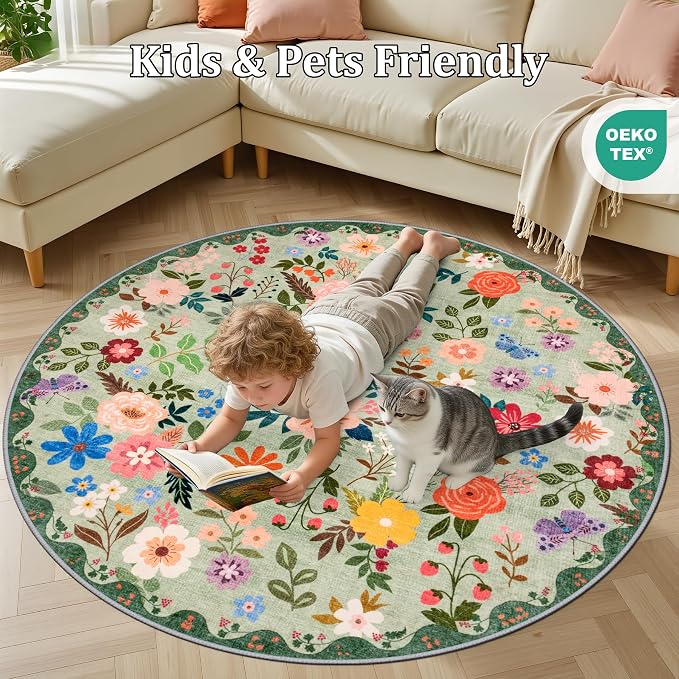 PLHXFR Round Area Rug Living Room: 4 ft Floral Washable Soft Carpet Green | For Bedroom Dining Room Farmhouse Nursery Hallway,Vintage Floral,Machine washable,Non Slip,Stain Resistant,Large Indoor