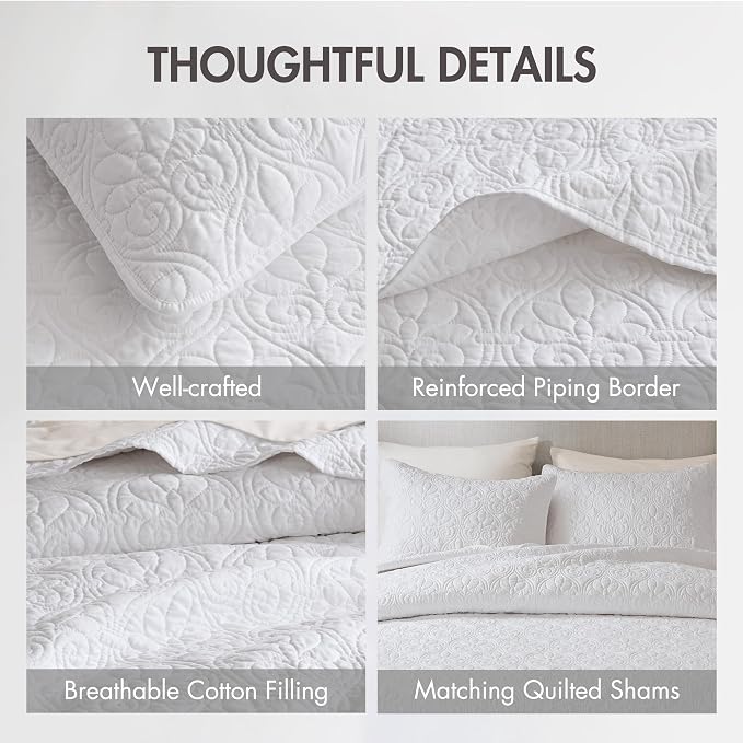 Madison Park Luxurious Cotton Damask Quilt Set, 2PC Twin/Twin XL Bed Set | All Season, Lightweight Stitching Coverlet Bedspread Bedding Stitching with Shams, White
