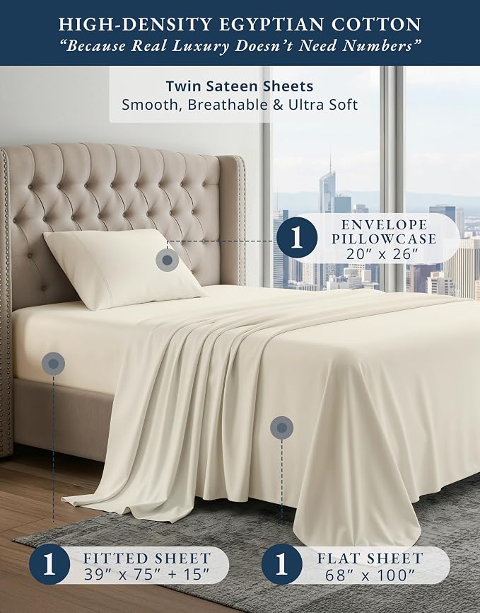 LANE LINEN Twin Sheets Cotton 100% Egyptian Cotton Sateen - Ivory | Sheets Twin Size Bed Set - 3-Piece Set, Ideal For Dorms And Guest Beds, For A Luxurious Night's Sleep, Luxe Sheen