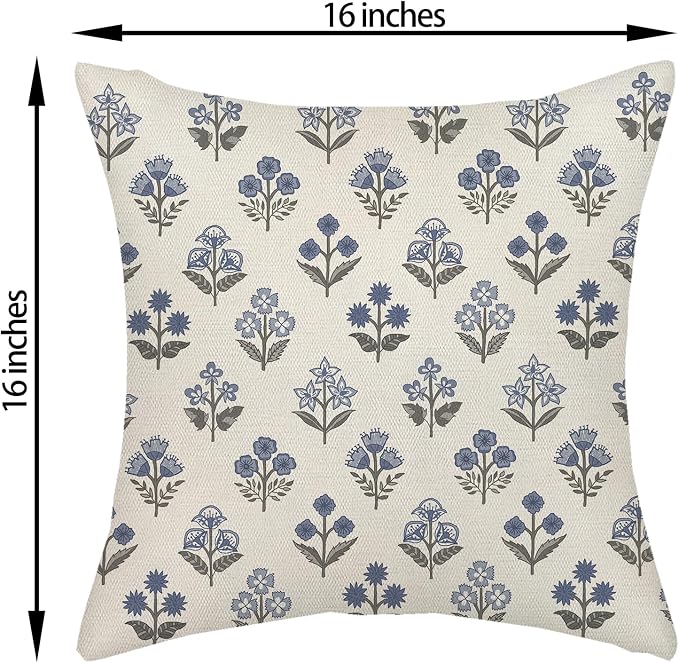 Blue Grey Pillow Covers 16x16 Inch 2 Pcs Gray Block Print Vintage Floral Decor Throw Pillows Boho Flower Spring Summer Outdoor Seasonal Decoration Pillowcase Linen Cushion Cover for Couch Sofa