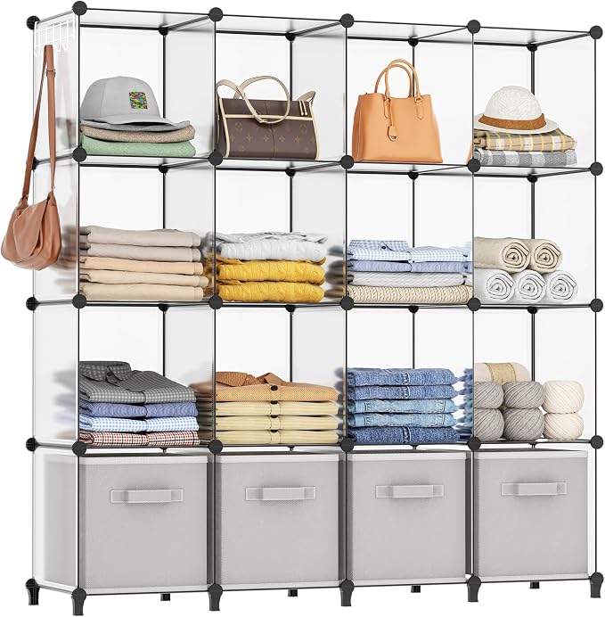 HOMIDEC Closet Organizers and Storage, 16 Cube Storage Organizer | Closet Organizer Bookshelf Cubes Shelves for Clothes, Bedroom, Kids Room, Bathroom, Wardrobe, Garment Racks, Transparent