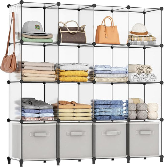 HOMIDEC Closet Organizers and Storage, 16 Cube Storage Organizer | Closet Organizer Bookshelf Cubes Shelves for Clothes, Bedroom, Kids Room, Bathroom, Wardrobe, Garment Racks, Transparent