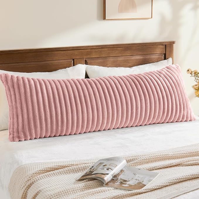 BEDELITE Fluffy Striped Body Pillow Cover with Zipper, Dusty Pink, 20x54 | Ultra-soft Faux Fur with 11D Striped Texture, Comfy, Plush, and Cloud-like, Body Pillow Pillowcase for Bed Couch Room Decor