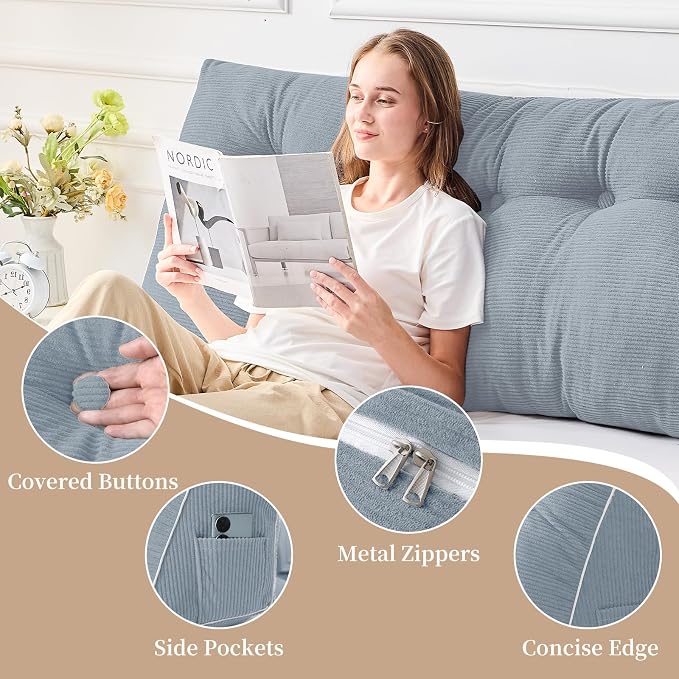 Sasttie Headboard Pillow Full, Wedge Pillow Headboard, Greyish Blue | Triangle Backrest Cushion for Sitting or Reading in Bed, Dorm Essentials, OEKO-TEX, Down Alternative Fill, Side Pockets
