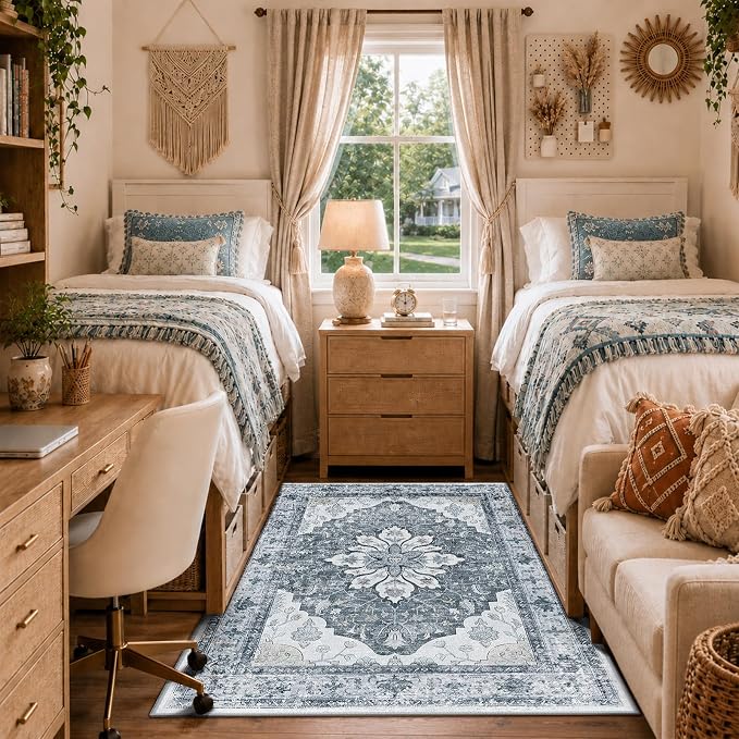 RELEANY Washable Area Rug, 3'x5', Grey/White/Beige | Non-Slip, Water Repellent, Pet Friendly, Easy to Clean, Vintage Floral Boho Decor for Living Room Bedroom Beside Kitchen