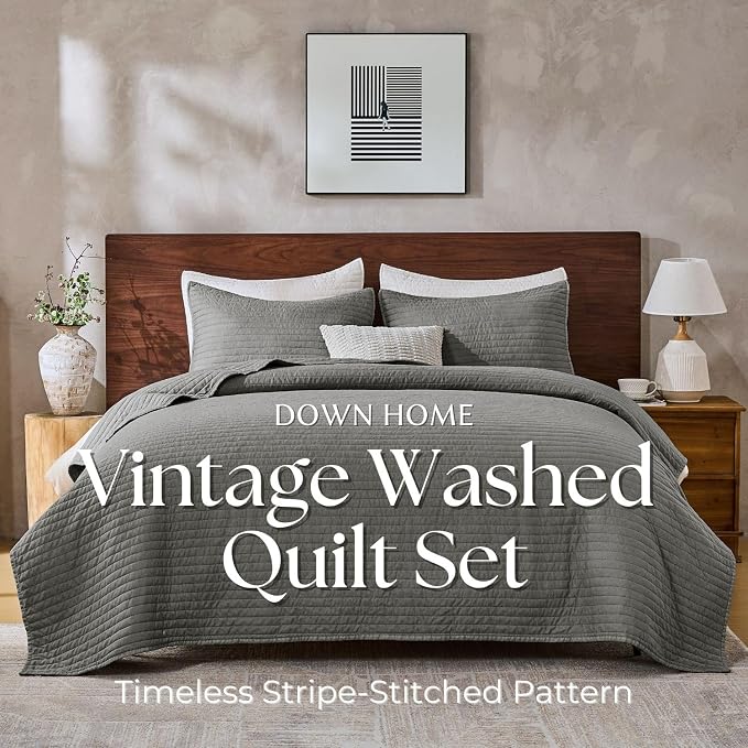 DOWN HOME Cali King Quilt Bedding Set with Shams, Vintage Washed Quilted Blanket Thin Comforter Lightweight Bedspread Coverlet Bed Cover, Brushed Microfiber Stripe Stitching, Ash Gray, 111"x92"