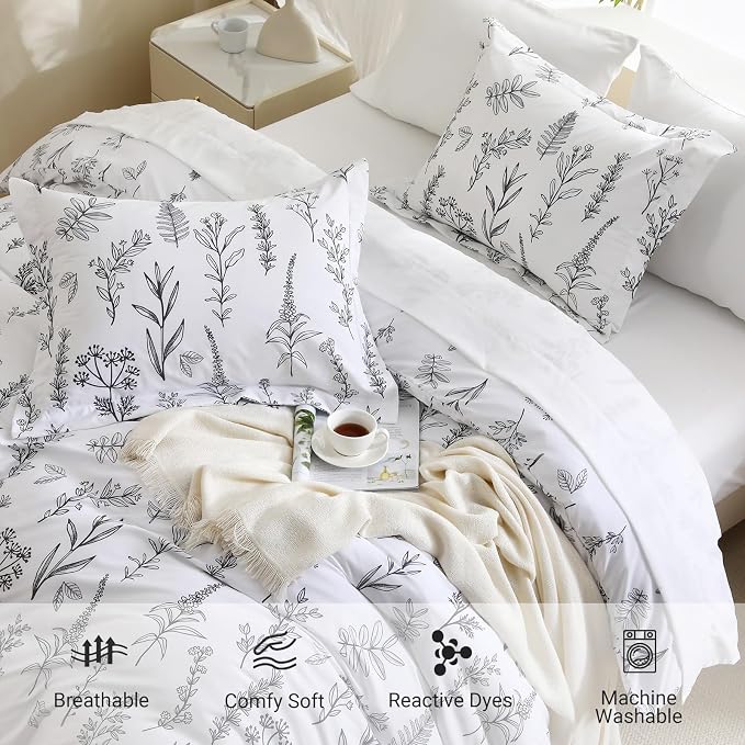 MUXHOMO Duvet Cover Twin/Twin XL Size Set, Reversible Floral White Duvet Cover with Zipper Closure, 2 Pieces Botanical Patterns Soft Microfiber Bedding Set with 4 Ties (68"x90", 1 Pillow Case)