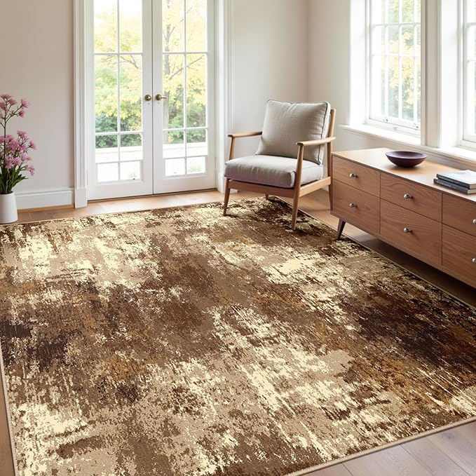 RELEANY Washable 4'x6' Abstract Area Rug for Living Room Brown Tan | Carpet for Bedroom, Kitchen, Office, Hallway and Entryway, Printed Pattern, Non‑Slip, Soft, Stain‑Resistant, Easy to Clean