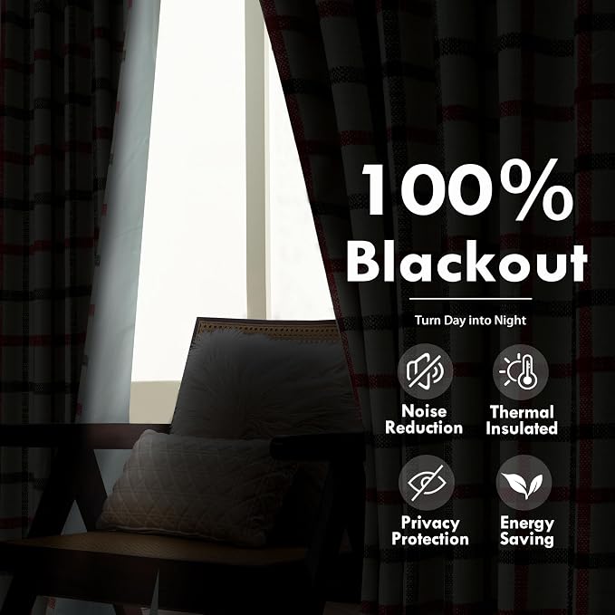 DriftAway 100% Blackout Plaid Curtains 102 Inches Long 2 Panels Red Green | 100% Blackout, Linen Texture, Plaid Pattern, Two Layers, Rod Pocket & Back Tab, Bedroom Living Room Use, Luxury Appearance
