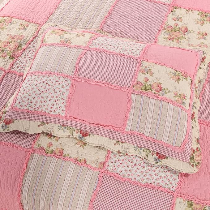 vctops 3 Piece Patchwork Floral Quilted Bedspread Quilt Set 100% Cotton Boho Ruffles Reversible Coverlet Set 1 Quilt and 2 Pillow Shams (Pink,Queen)