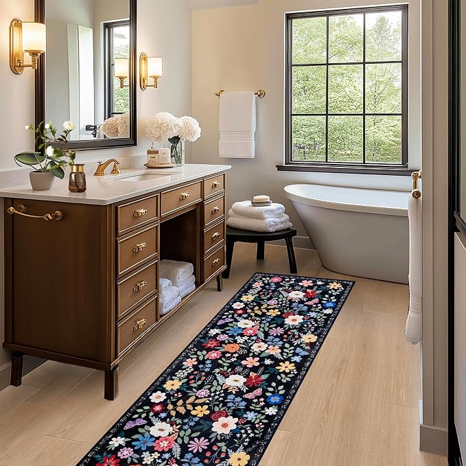 PLHXFR 2x5 Washable Runner Rug：Floral Indoor Kitchen Soft Carpet Black | For Hallway Bedroom Kitchen Laundry Bathroom Dorm,Vintage Floral,Machine washable,Non Slip,Stain Resistant,Indoor Floor