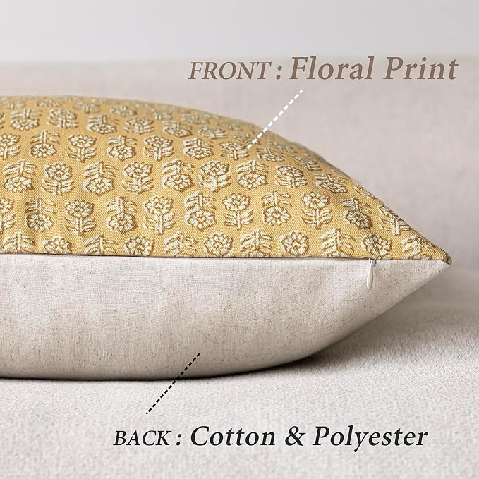 Foindtower Set of 2 Decorative Neutral Floral Print Throw Pillow Covers Vintage Accent Farmhouse Cushion Covers Boho Home Decor For Sofa Couch Chair Bedroom Living Room Outdoor,20×20 Inch,Light Yellow