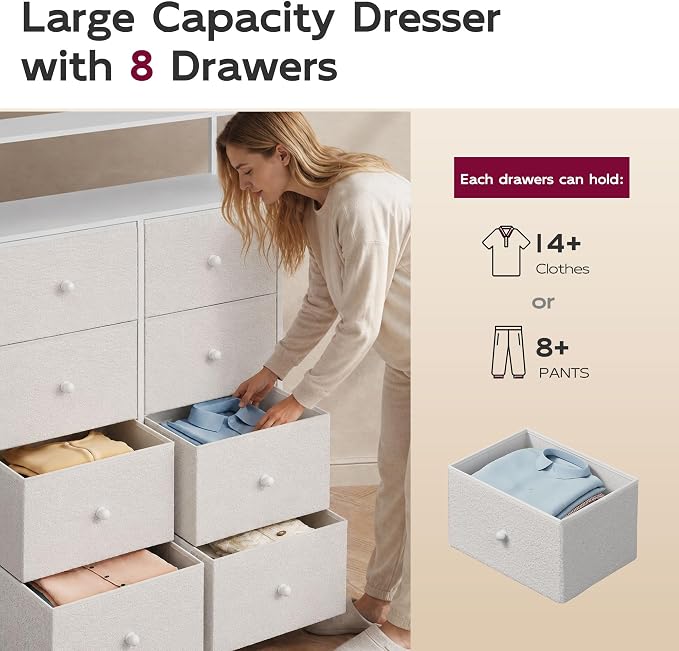 WLIVE Cream Boucle 8-Drawer Fabric Dresser Storage Tower Bedroom | Boucle fabric 8-drawer dresser with open shelves, stylish nursery dresser for baby girl room kids bedroom closet storage