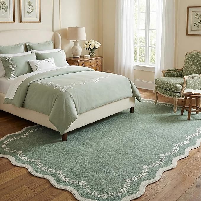 GarveeHome 5x7 Scalloped Area Rug Sage Green Washable Living Room Rug | Soft Floral Low Pile Non Slip Accent Floor Mat Solid Print Throw Rug Indoor Carpet for Bedroom Dining Room Dorm Playroom