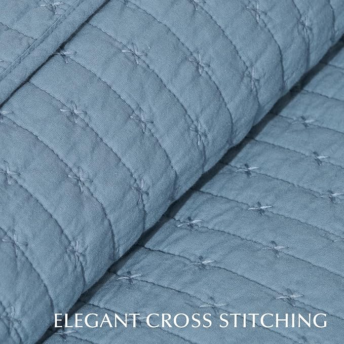 x Kinsey Walsh 100% Cotton Cross Stitch Quilt, Queen, Dusty Blue | Cross Stitch Cotton Quilt, Pre-Washed Bedding Set, Oversized Lightweight Bedspread Coverlet, for All Season, with 2 Shams