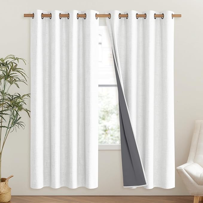 NICETOWN 100% Absolutely Blackout Linen Curtains with Thermal Insulated Liner, Greyish White, 52" Wide, 72" Length Energy Saving Curtains for Living Room 2 Panels Set, Vertical Blinds