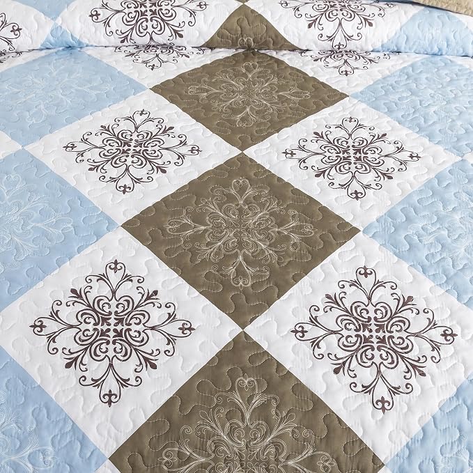 Quilt Set King Size, Bedspread Sets Dusty Blue Floral, Quilt Bedding Set Lightweight and Breathable for All Seasons, Soft Quilted Bedspread with 2 Pillow Shams