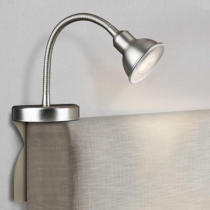 Patented Innovative Design Headboard Reading Light. No Drilling Golden Book Light for Bedtime Reading. Dimmable LED Book Reading Lamp with Bulb. Movable & Flexible, Silver