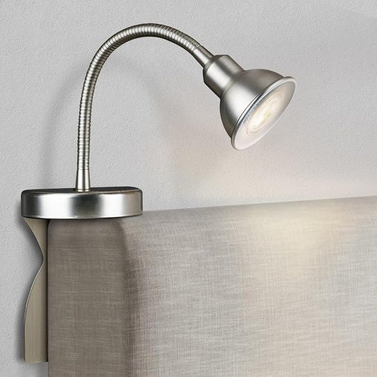 Patented Innovative Design Headboard Reading Light. No Drilling Golden Book Light for Bedtime Reading. Dimmable LED Book Reading Lamp with Bulb. Movable & Flexible, Silver