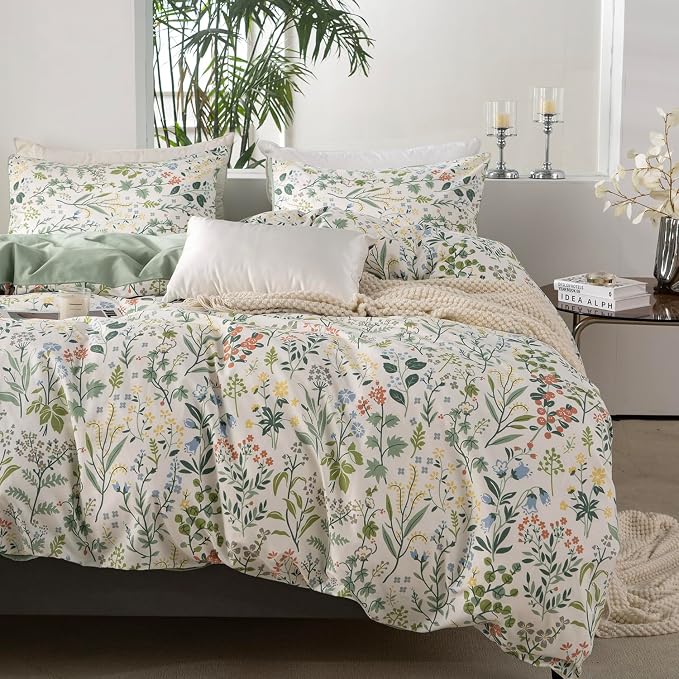 Floral Comforter Set Queen Soft Bedding Comforter Set 3 Pieces Garden Style Green Red Flower Print Botanical Flowers Comforter Set for All Seasons 1 Comforter and 2 Pillowcases (Floral, Queen)