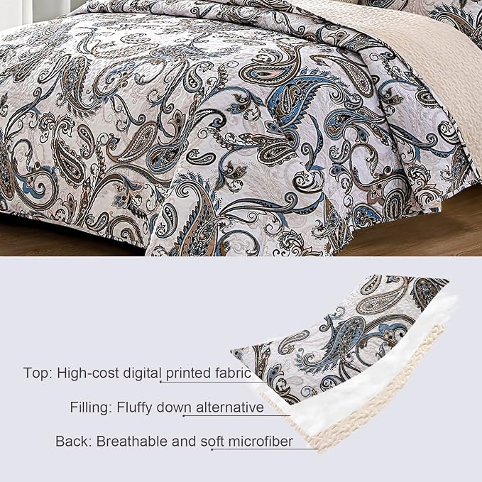 Whale Flotilla Patchwork Quilt King Size, Extra Soft Boho Paisley Bedspread | Reversible Lightweight King Quilt Bedding Set for Bed, Bone Grey Printed Coverlets with 2 Pillow Shams for All Seasons
