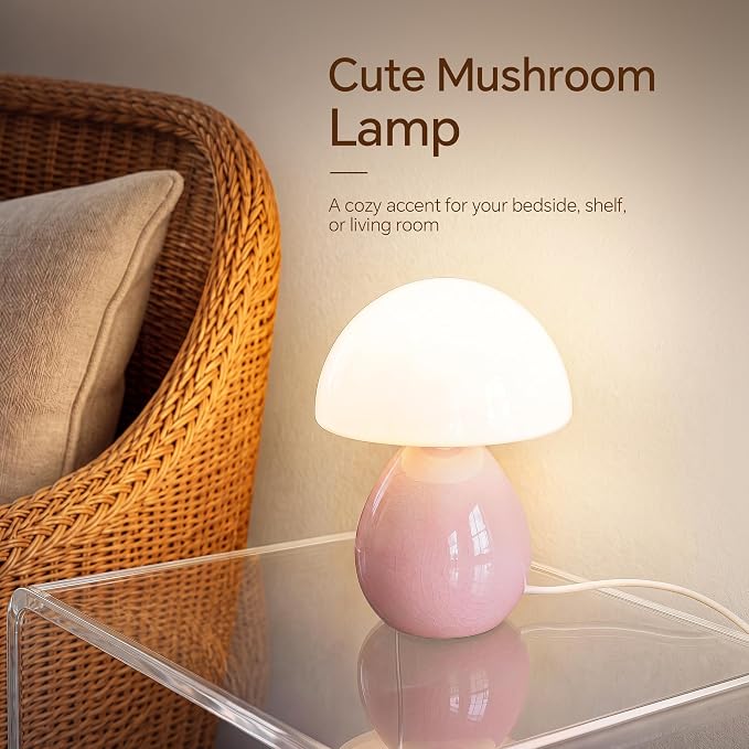 Mushroom Lamp Table Lamp for Bedroom-Small Desk Table Lamps,Pink | Ice Crackle 10.08" Mid Century Modern Table Lamps for Living Room Bedroom Decor,Ceramic Lamps for Home Room Decor,Glass Shade
