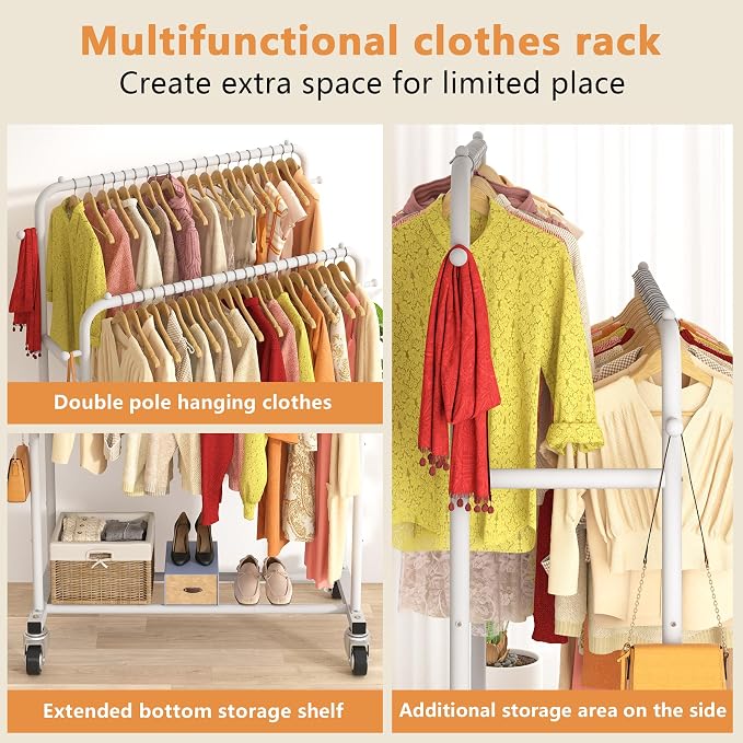 Laiensia Double Rods Garment Rack with Wheels, Clothing Rack for Hanging Clothes,4 Hooks, Multi-functional Bedroom Clothes Rack, White