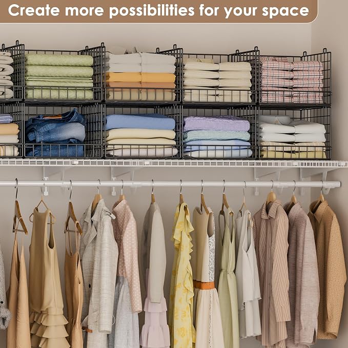 Stackable Closet Organizers and Storage Baskets, 4-Tier Closet Shelf Organizer , Space-Saving Clothes Storage Drawer, Foldable Clothes Storage Bins for Closet Organizer System, Black(Patent 30022416)