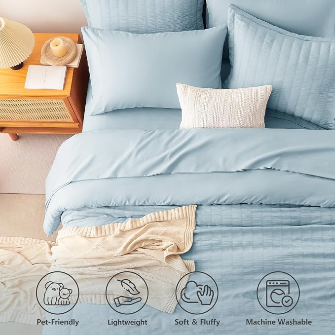 Oversized Queen Seersucker Comforter Set, Light Blue, 98 x 98 in | OEKO-TEX Certified, 7 Pieces Bed in a Bag with 240 GSM Down Alternative Comforter, Flat & Fitted Sheets, Pillowcases & Shams