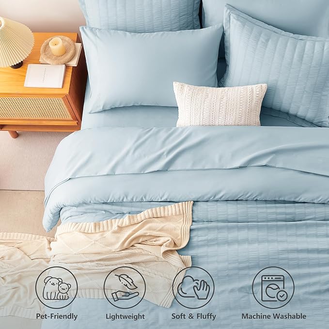 Full Size Comforter Set 7 Pieces Light Blue Seersucker Bed in a Bag | OEKO-TEX Certified, All Season Bedding Set with 240 GSM Down Alternative Comforter, Flat & Fitted Sheets, Pillowcases & Shams