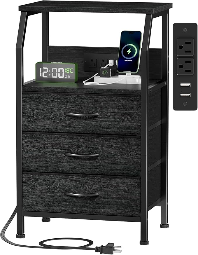Furnulem Night Stand with Charging Station, 3 Drawers Bedside Table, Black | 28.3 Inch Tall Dorm Nightstand for Bedroom, Small Storage End Table with Outlets, 3 Fabric Storage Drawers, 3 Ways to Use