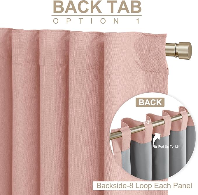 INOVADAY 100% Blackout Linen Curtains for Bedroom 50x102 Inches Blush Pink | Linen Textured, Light Blocking, Room Darkening, Thermal Insulated, Back Tab Top, Window Curtains for Living Room, 2 Panels