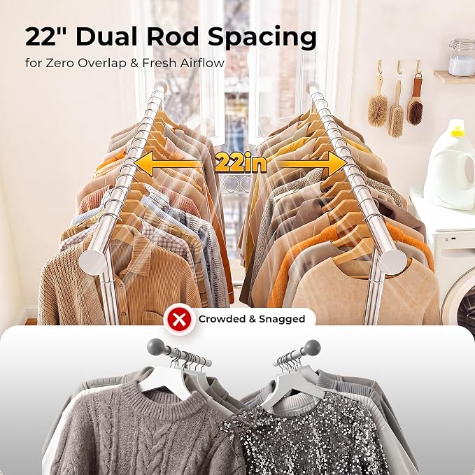 HOKEEPER Clothes Rack Heavy Duty Clothing Rack Load 650 LBS Collapsible Garment Rack with Wheels Double Rod Clothes Rack for Hanging Clothes Commercial Portable Closet Rack with Shelves 22"D*75"W*68"H | Garment Rack with Wheels Double Rod Clothes Rack ...