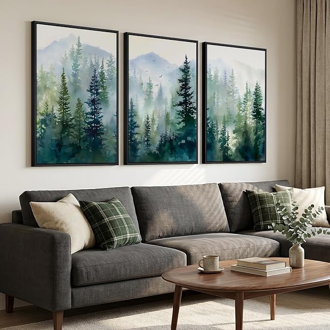 Large Framed Green Forest Landscape Living Room Wall Art, 3 Piece, 24x36 In | Nature, Scenic, Pine tree, Foggy, Watercolor, Modern, Bedroom decor, Dining room, Hallway, Home office, Canvas artwork
