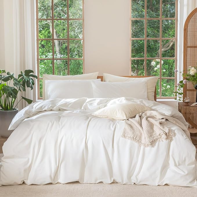 MooMee Duvet Cover Set 100% Washed Cotton Linen Like Super Queen | Relaxed Linen-like Texture. Soft, Breathable & Long-lasting Comfort. Lightweight. Hidden Zipper with 8 Interior Corner Ties