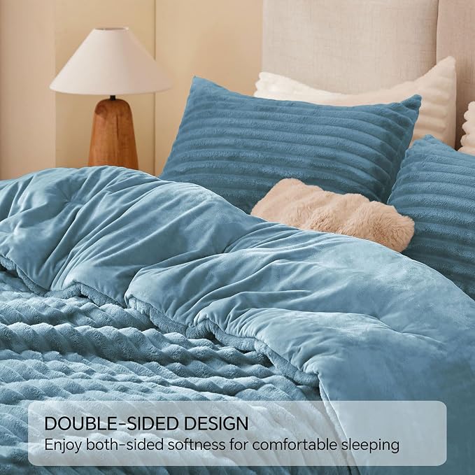 BEDELITE Fleece Full Comforter Set, Fluffy Bed Set, Blue Fog | Super Soft & Warm Bedding, Luxury Fuzzy Faux Fur Comforter for Winter, Heavy Plush Bedding, with 2 Pillowcases