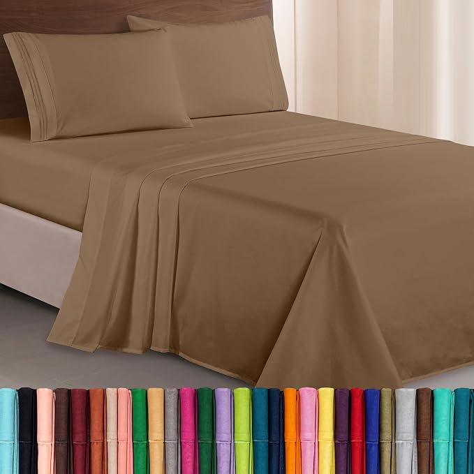 Elegant Comfort Luxurious 1500 Premium Hotel Quality Microfiber Three Line Embroidered Softest 4-Piece Bed Sheet Set, Wrinkle and Fade Resistant, King, Taupe