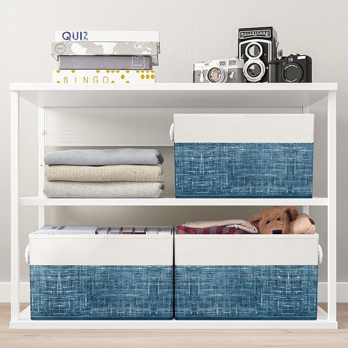 Storage Bins 2-Pack, Foldable Storage Baskets for Organizing Toys, Books, Shelves, Closet, Large Storage Box with Rope Handles, Sturdy Organizer Bins, White & Blue