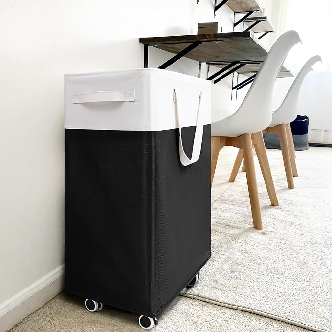 Goodpick 2-Pack Rolling Laundry Basket with Wash Bag, Hamper for Dorm, 75L | Laundry Hamper with Wheels & Handles for Dirty Clothes, Clothes Hamper, Dorm Room Essentials, Black & White