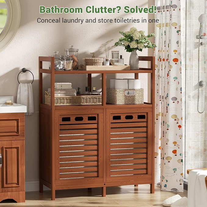Homykic Tilt Out Laundry Hamper Cabinet, Bamboo Laundry Organizer, Walnut | 20 Gal Laundry Sorter with 2 Removable Liner Bags, Hidden Clothes Hamper with Shelf for Laundry Room, Bathroom, Closet