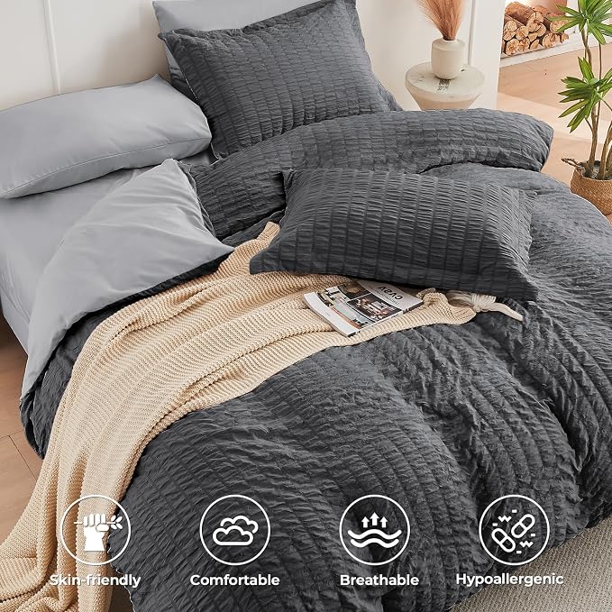 HYMOKEGE Dark Grey/Light Grey Oversized King Comforter Set Seersucker 7 Pieces, All Season Luxury Bed in a Bag for Bedroom, Bedding Set with Comforter, Sheets, Pillowcases & Shams