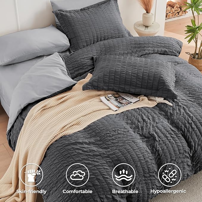 HYMOKEGE Dark Grey/Light Grey Twin Size Duvet Cover, Ultra Soft 2-Piece Seersucker Duvet Cover Set with Zipper Closure, Soft Brushed Microfiber Bedding Set with 8 Corner Ties (68"x90", 1 Pillowshams)