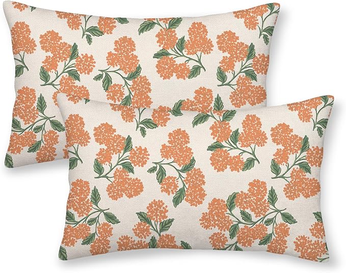 Fall Burnt Orange Pillow Covers 12x20 Inch 2 Pcs Green Hydrangea Flower Decor Throw Pillows Vintage Floral Seasonal Autumn Outdoor Decoration Pillowcase Linen Cushion Cover for Couch Sofa