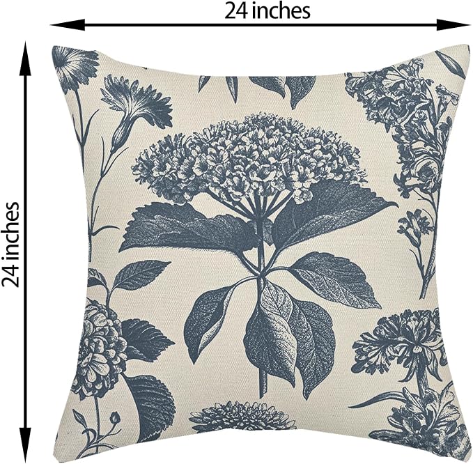 Navy Blue Pillow Covers 24x24 Inch 2 Pcs Boho Vintage Floral Decor Throw Pillows Hydrangea Flower Seasonal Outdoor Farmhouse Neutral Accent Decoration Pillowcase Linen Cushion Cover for Couch