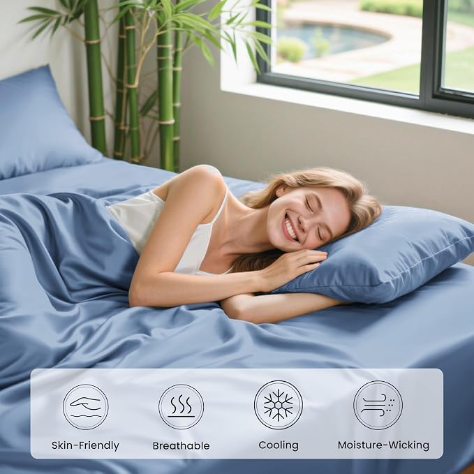 Love's cabin 3 Piece Twin Sheet Set, 100% Rayon Derived from Bamboo, Cooling & Breathable, Soft Silky Deep Pocket up to 16", Hotel Luxury Bedding for Hot Sleepers, Mineral Blue