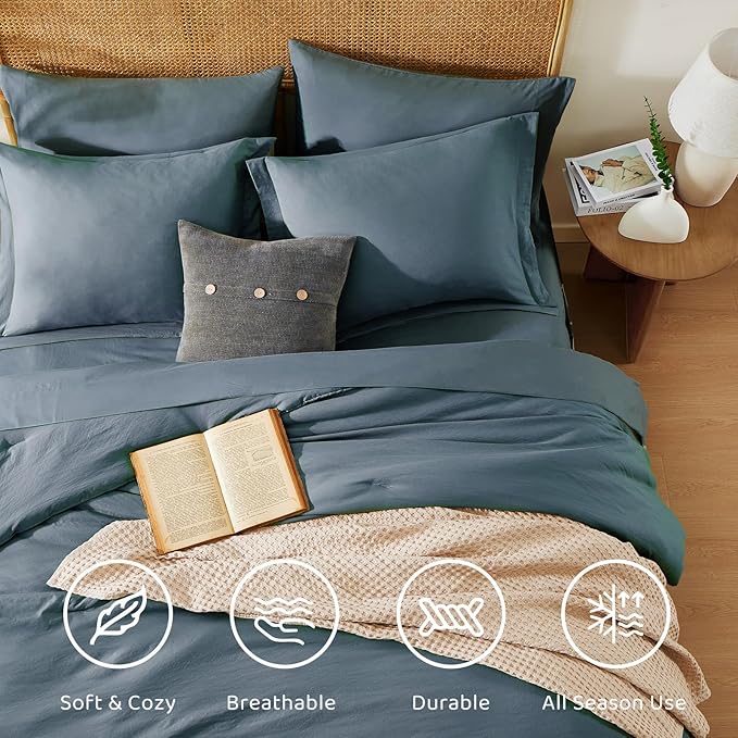 Queen Comforter Set-7 Pieces Soft Prewashed Bed in a Bag Queen Bedding Sets | All Season Comforter with Sheets, Pillow Shams & Pillowcases,Blue Grey