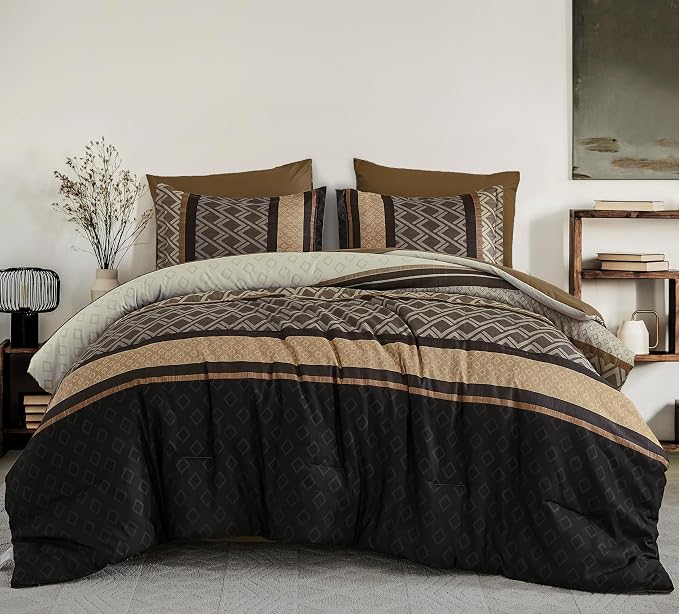 Cottolester Brown Comforter Set Full Size,Fall Striped Bed in a Bag | Boho Plaid Comforter Set,7 Piece Soft Microfiber Bedding Sets