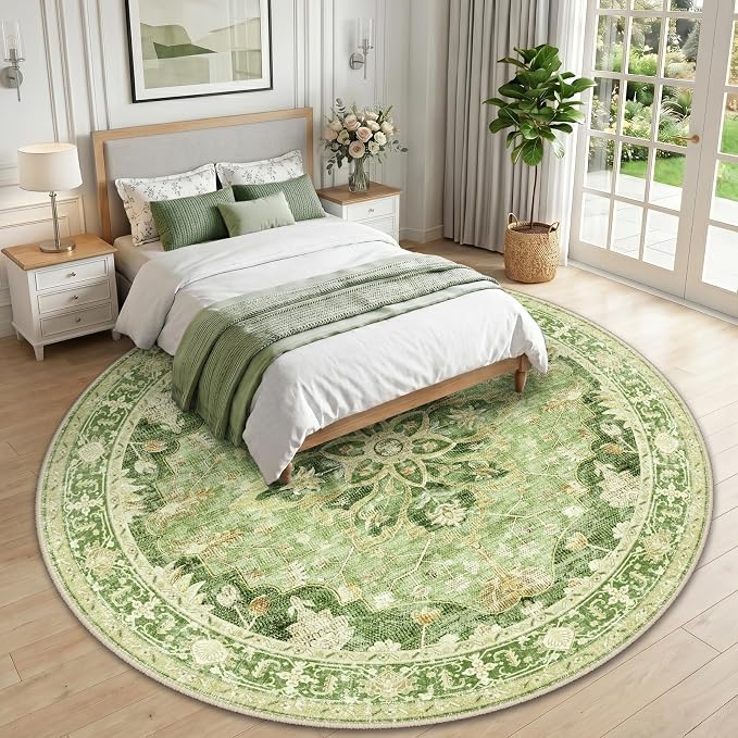 RELEANY Washable Area Rug, Round 10ft, Green/Yellow | Non-Slip, Water Repellent, Pet Friendly, Easy to Clean, Vintage Floral Boho Decor for Living Room Bedroom Dining Room